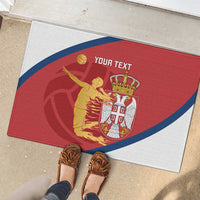 Red and white Serbia volleyball rubber doormat with blue arc, crest, and 'YOUR TEXT'