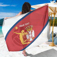 Red and white beach sarong with Serbia crest, blue diagonal stripe and your text