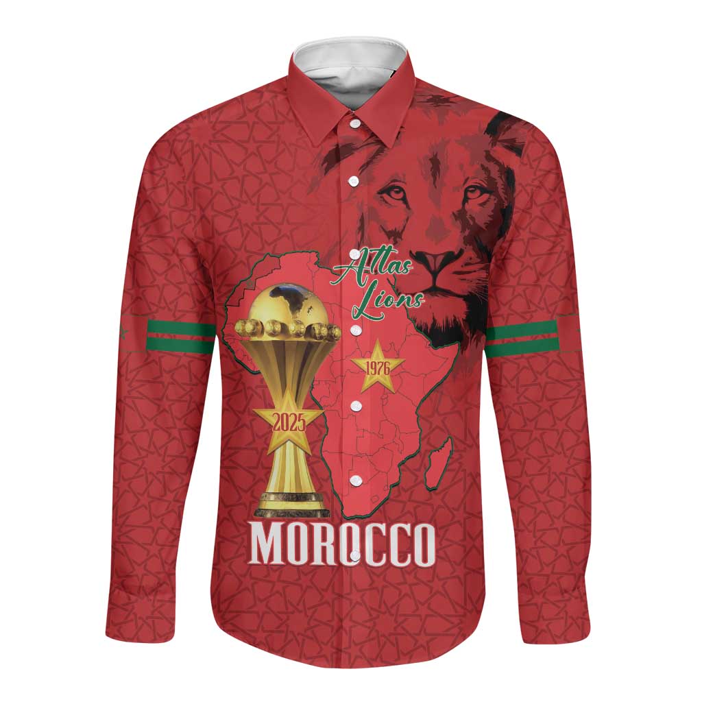 Morocco Football Custom Long Sleeve Button Shirt Atlas Lions Champions African Red Islamic Pattern