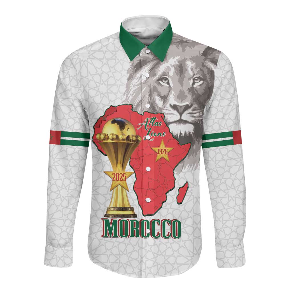 Morocco Football Custom Long Sleeve Button Shirt Atlas Lions Champions African White Islamic Pattern