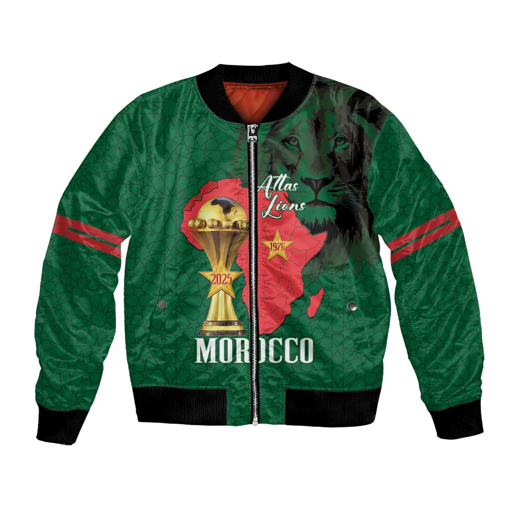 Morocco Football Custom Bomber Jacket Atlas Lions Champions African Green Islamic Pattern