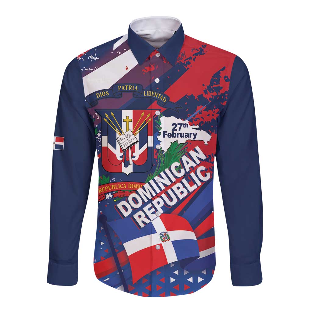 Dominican Republic Independence Day Long Sleeve Button Shirt 27th February Coat Of Arms Grunge Texture