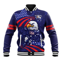 Blue ice hockey baseball jacket with eagle mascot graphic, button front, striped rib cuffs