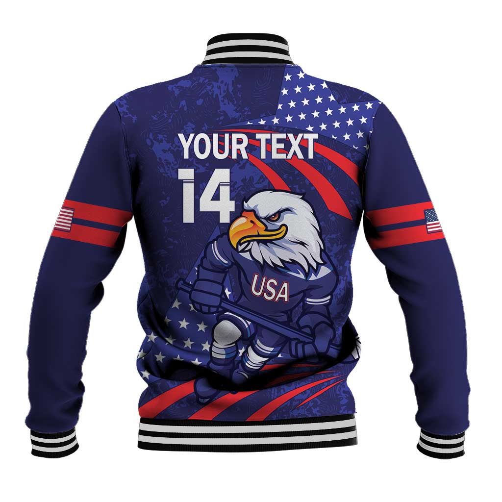 Blue jacket back with eagle graphic, "YOUR TEXT" and 14, button front, rib collar