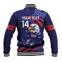 Blue jacket back with eagle graphic, "YOUR TEXT" and 14, button front, rib collar