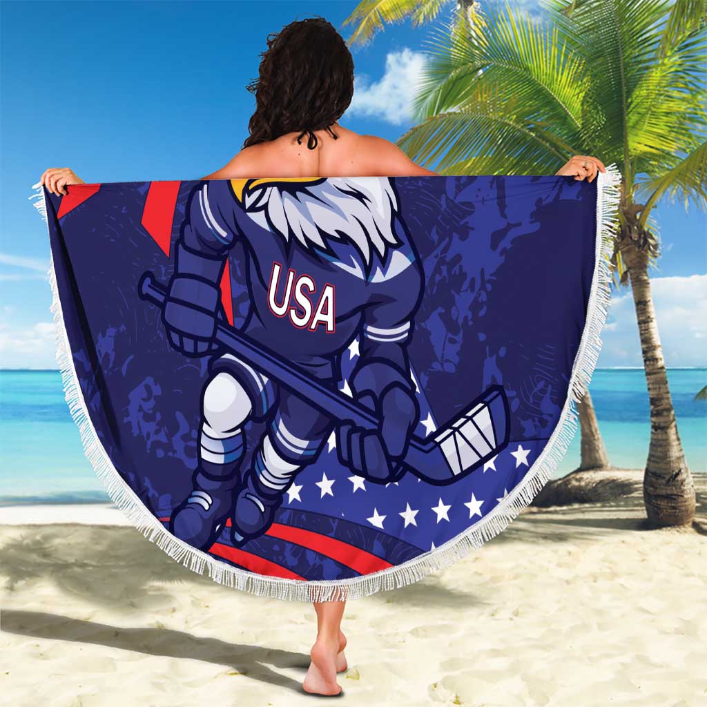 Round blue beach blanket with eagle hockey mascot USA print and white tassel fringe