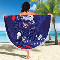 Round blue beach blanket with eagle hockey mascot USA print and white tassel fringe