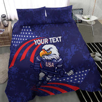 Blue USA ice hockey bedding set with eagle mascot, hockey stick, stars, stripes, and 2 pillowcases