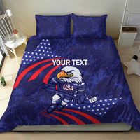 Blue USA ice hockey bedding set featuring eagle mascot, stars, red stripes, and 2 pillowcases