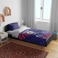 Blue USA ice hockey bedding set on bed, eagle mascot hockey graphic, stars and stripes, 2 pillows