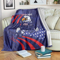 Blue ice hockey blanket with eagle mascot, USA print, stars and red stripes, your text