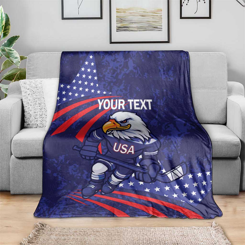 Blue ice hockey blanket on gray sofa, eagle mascot with USA text, stars and stripes, your text