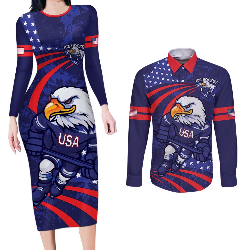 Custom USA Ice Hockey Couples Matching Long Sleeve Bodycon Dress and Long Sleeve Button Shirt United States Eagle Mascot