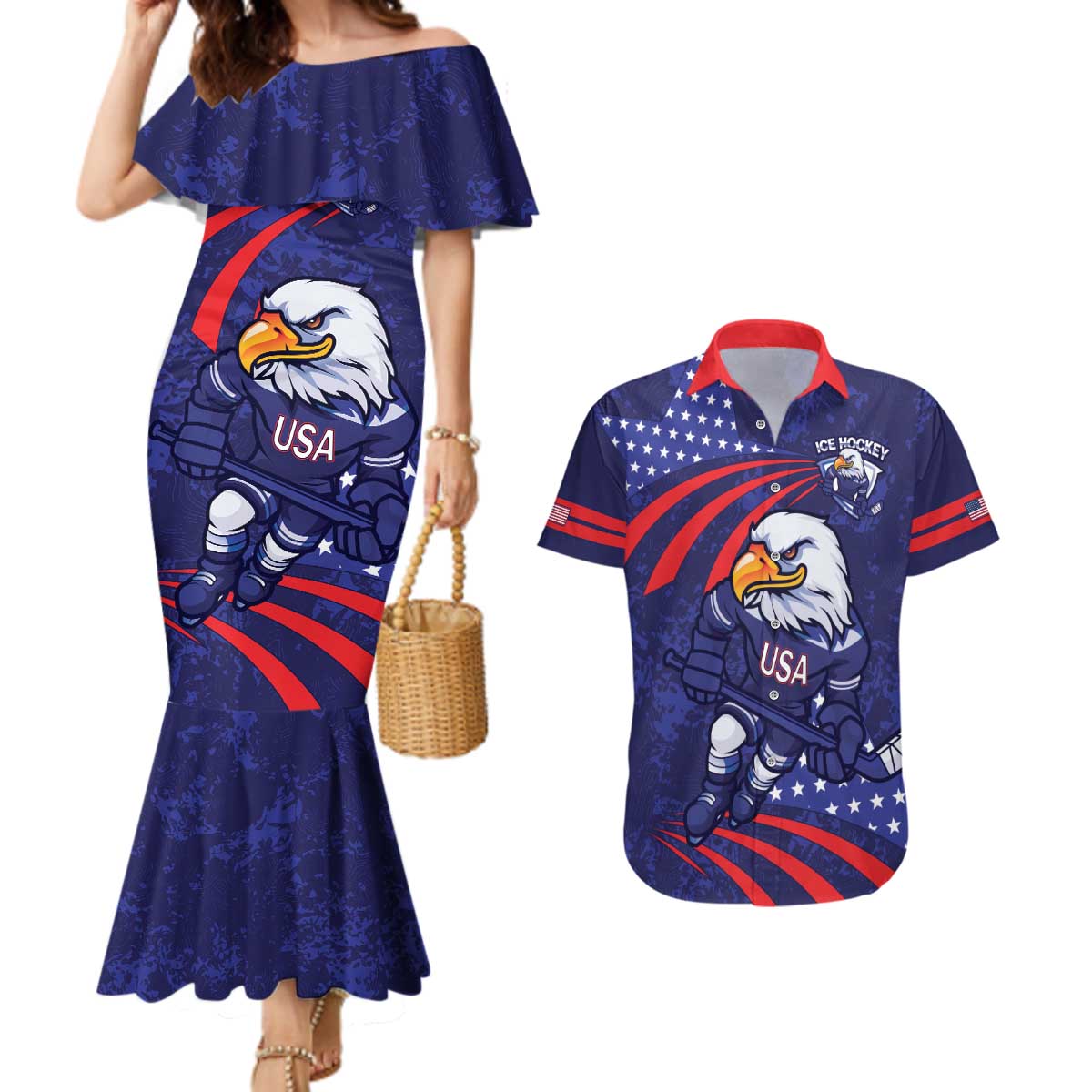 Custom USA Ice Hockey Couples Matching Mermaid Dress and Hawaiian Shirt United States Eagle Mascot