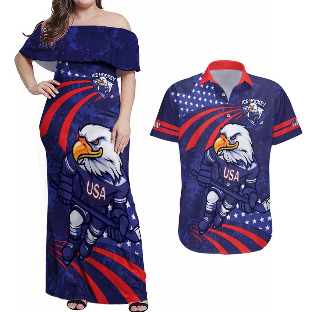 Custom USA Ice Hockey Couples Matching Off Shoulder Maxi Dress and Hawaiian Shirt United States Eagle Mascot