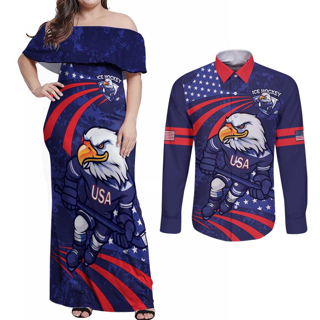 Custom USA Ice Hockey Couples Matching Off Shoulder Maxi Dress and Long Sleeve Button Shirt United States Eagle Mascot