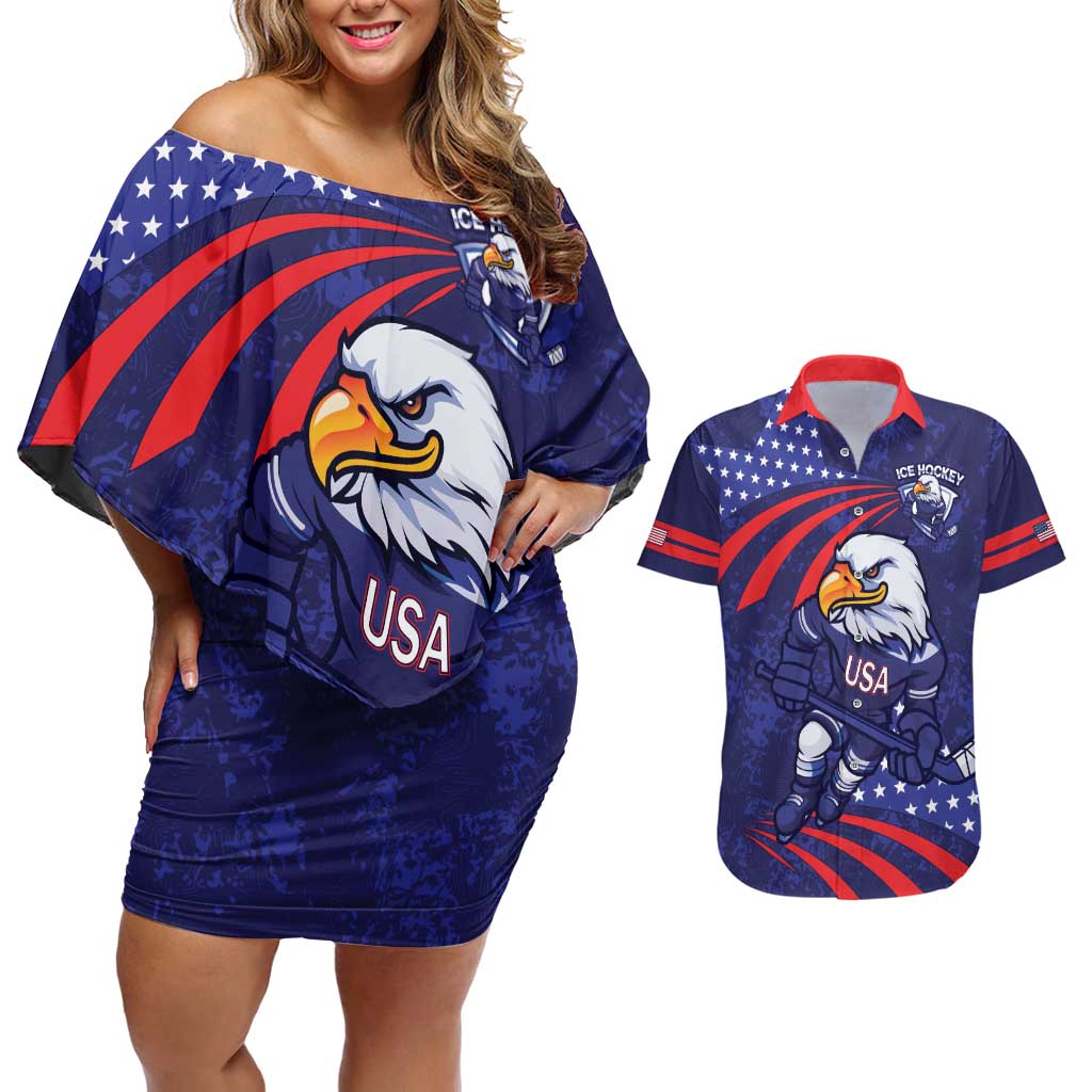 Custom USA Ice Hockey Couples Matching Off Shoulder Short Dress and Hawaiian Shirt United States Eagle Mascot