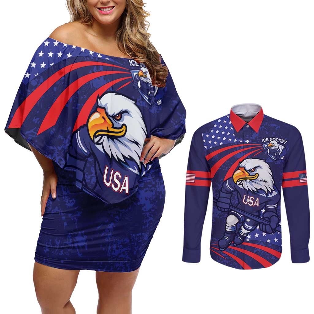 Custom USA Ice Hockey Couples Matching Off Shoulder Short Dress and Long Sleeve Button Shirt United States Eagle Mascot