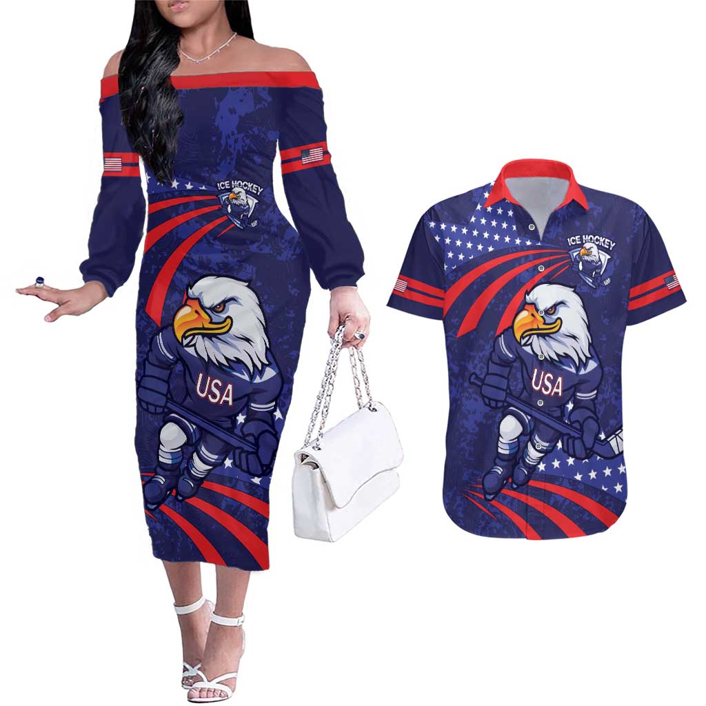 Custom USA Ice Hockey Couples Matching Off The Shoulder Long Sleeve Dress and Hawaiian Shirt United States Eagle Mascot