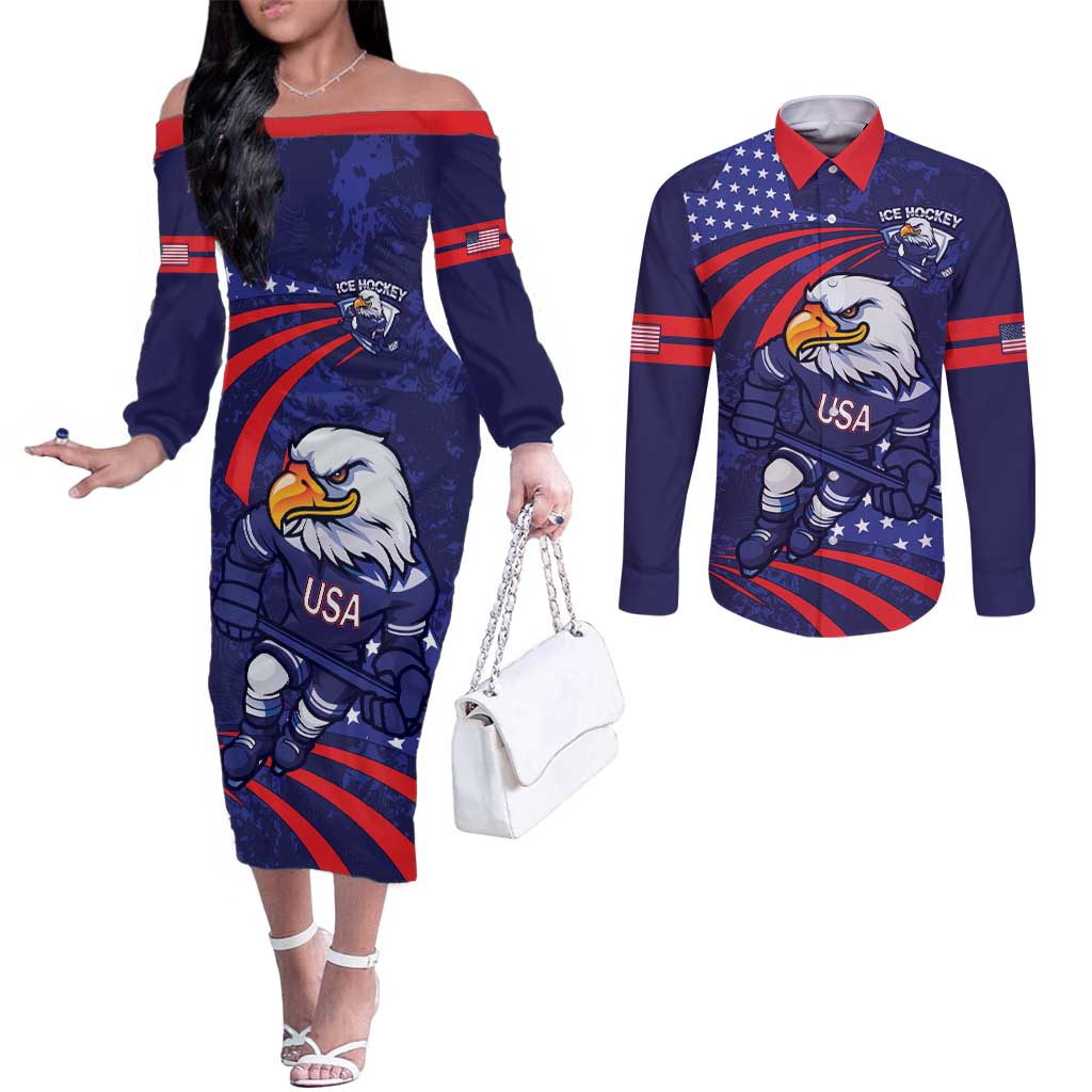 Custom USA Ice Hockey Couples Matching Off The Shoulder Long Sleeve Dress and Long Sleeve Button Shirt United States Eagle Mascot