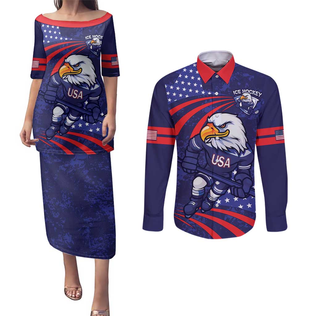 Custom USA Ice Hockey Couples Matching Puletasi and Long Sleeve Button Shirt United States Eagle Mascot