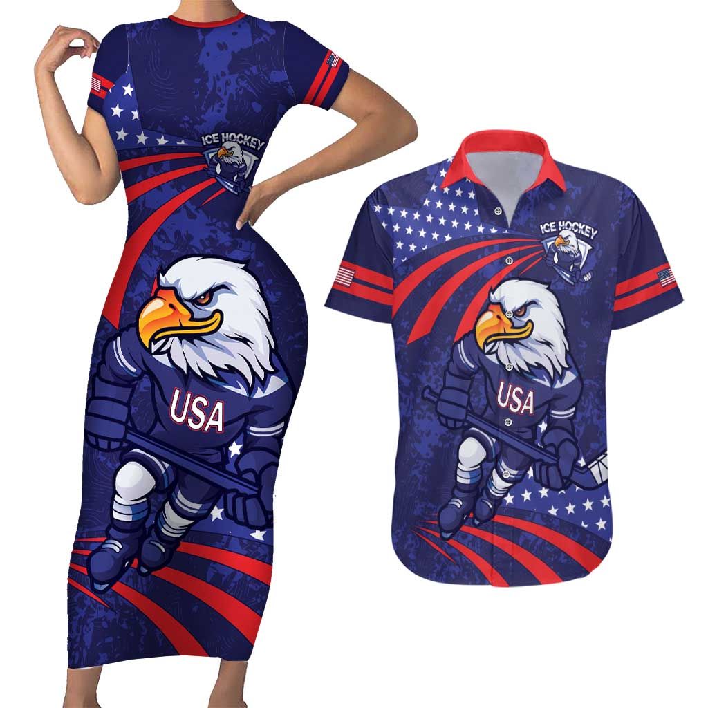 Custom USA Ice Hockey Couples Matching Short Sleeve Bodycon Dress and Hawaiian Shirt United States Eagle Mascot