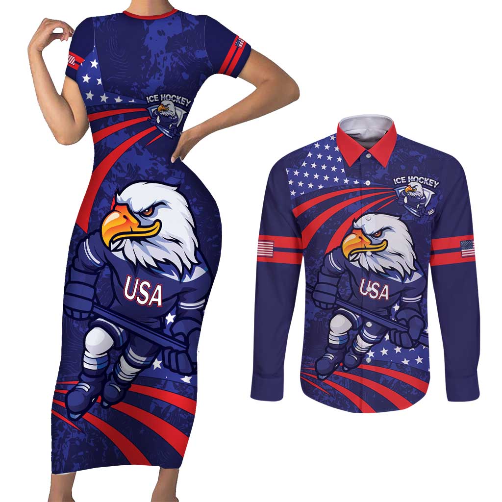 Custom USA Ice Hockey Couples Matching Short Sleeve Bodycon Dress and Long Sleeve Button Shirt United States Eagle Mascot