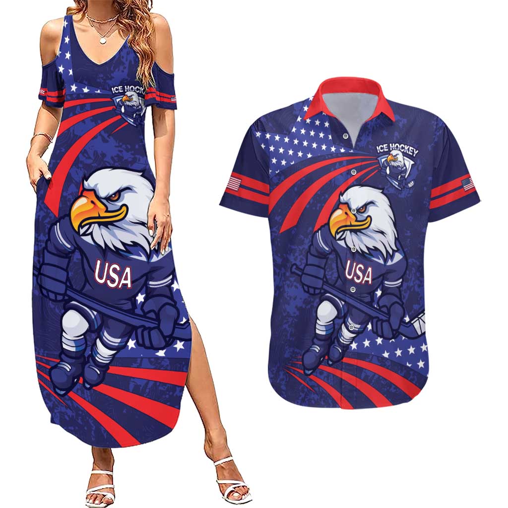 Custom USA Ice Hockey Couples Matching Summer Maxi Dress and Hawaiian Shirt United States Eagle Mascot