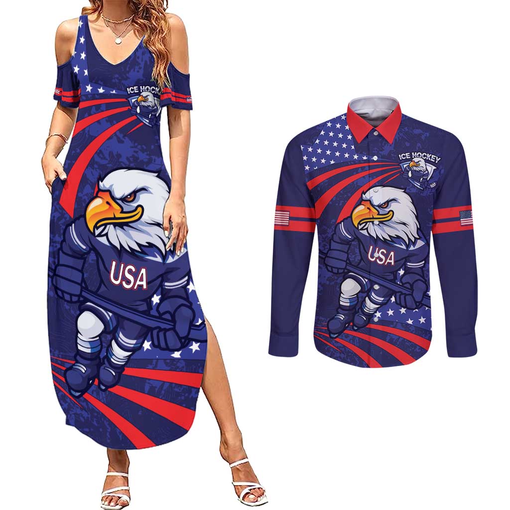 Custom USA Ice Hockey Couples Matching Summer Maxi Dress and Long Sleeve Button Shirt United States Eagle Mascot