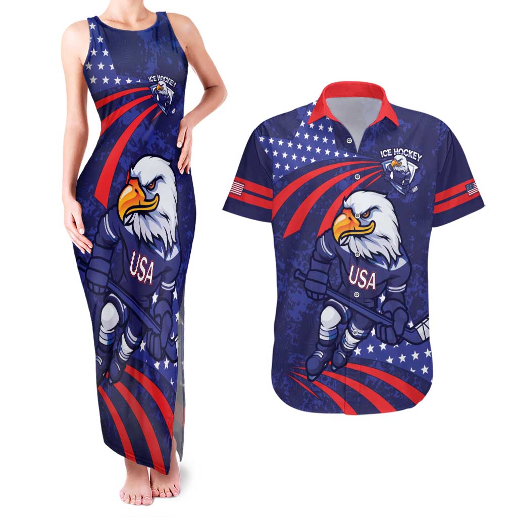 Custom USA Ice Hockey Couples Matching Tank Maxi Dress and Hawaiian Shirt United States Eagle Mascot