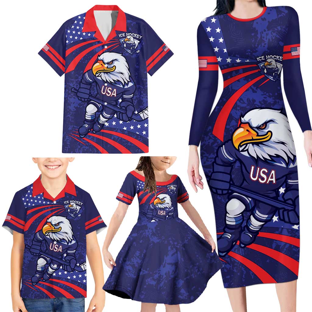 Custom USA Ice Hockey Family Matching Long Sleeve Bodycon Dress and Hawaiian Shirt United States Eagle Mascot