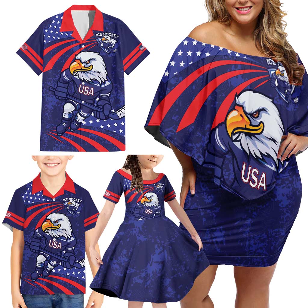 Custom USA Ice Hockey Family Matching Off Shoulder Short Dress and Hawaiian Shirt United States Eagle Mascot