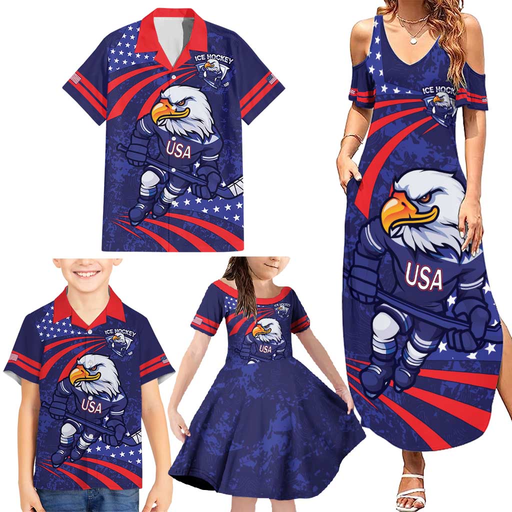 Custom USA Ice Hockey Family Matching Summer Maxi Dress and Hawaiian Shirt United States Eagle Mascot