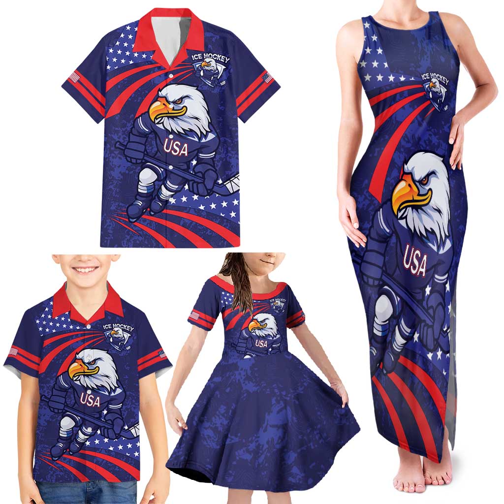 Custom USA Ice Hockey Family Matching Tank Maxi Dress and Hawaiian Shirt United States Eagle Mascot