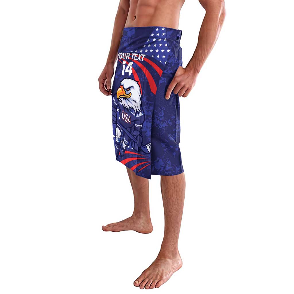 Blue USA hockey mascot graphic lounge shorts with patriotic red and white design