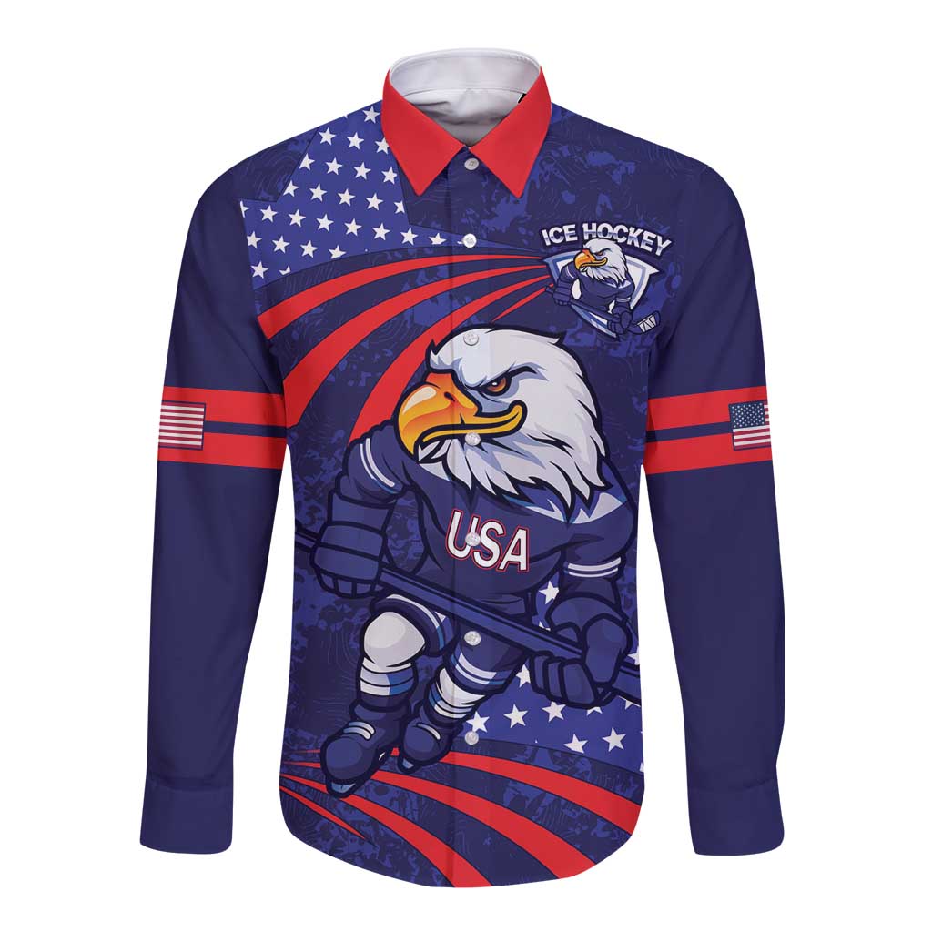 Custom USA Ice Hockey Long Sleeve Button Shirt United States Eagle Mascot