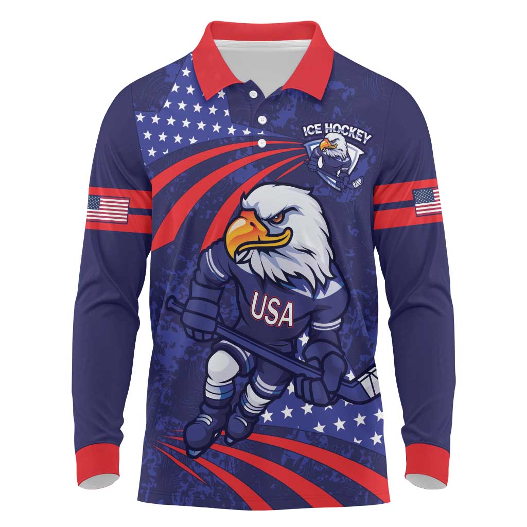 Custom USA Ice Hockey Long Sleeve Polo Shirt United States Eagle Mascot