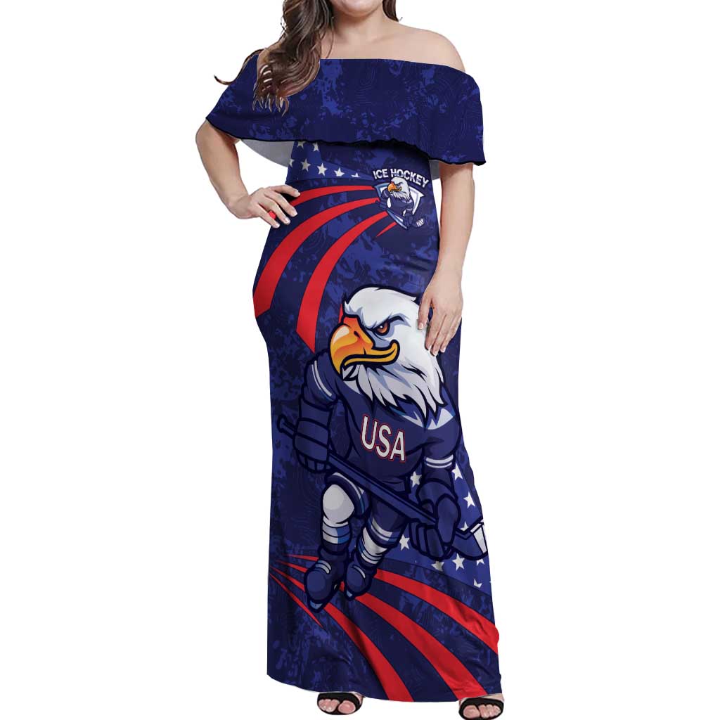 Custom USA Ice Hockey Off Shoulder Maxi Dress United States Eagle Mascot