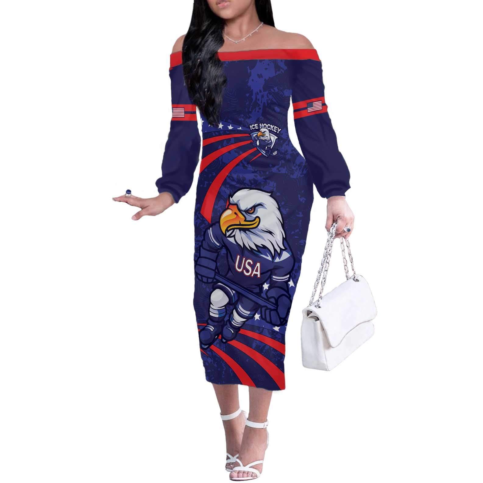 Custom USA Ice Hockey Off The Shoulder Long Sleeve Dress United States Eagle Mascot