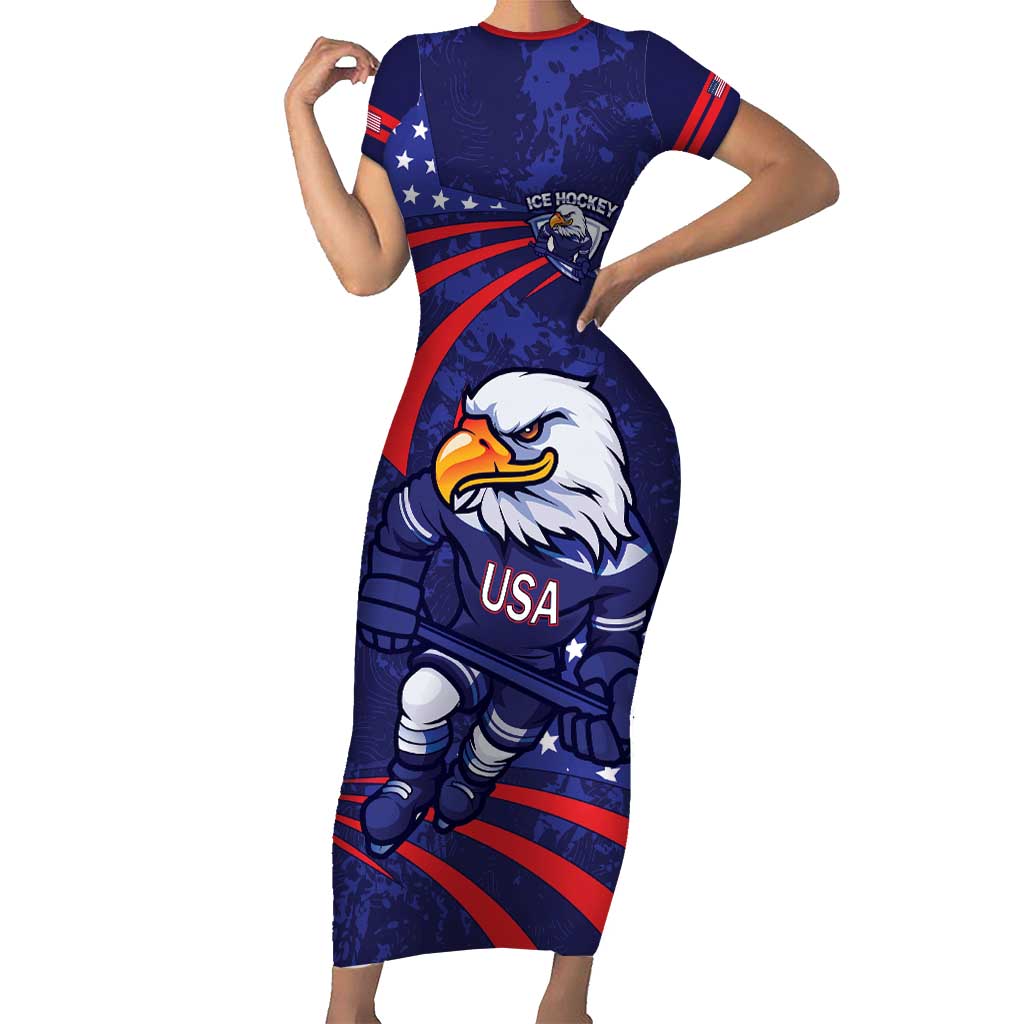 Custom USA Ice Hockey Short Sleeve Bodycon Dress United States Eagle Mascot