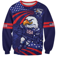 Unisex dark blue hockey sweatshirt with eagle mascot graphic, USA patch and striped stars