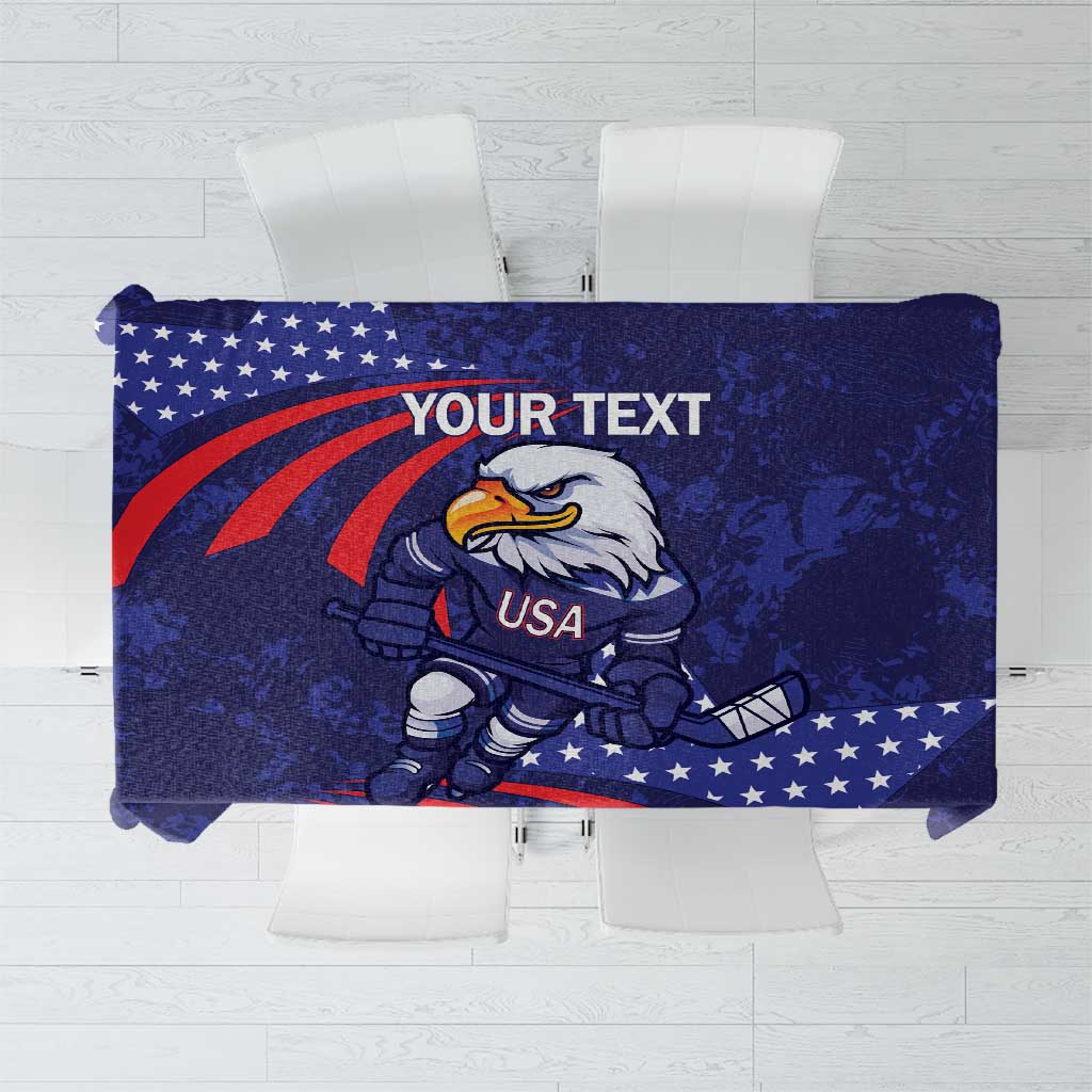 Blue ice hockey tablecloth with USA eagle graphic, stars, and red stripe