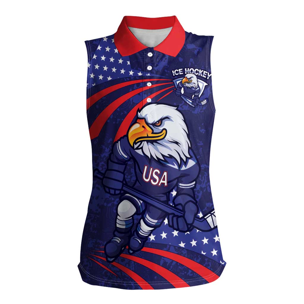 Custom USA Ice Hockey Women Sleeveless Polo Shirt United States Eagle Mascot