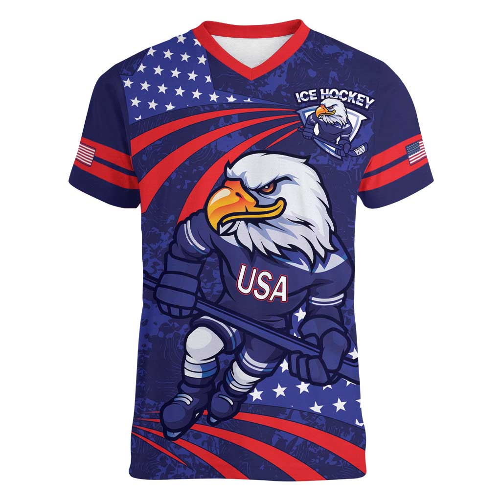 Custom USA Ice Hockey Women V-Neck T-Shirt United States Eagle Mascot