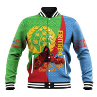 Multicolor baseball varsity jacket with snap buttons, ribbed collar, and tree slogan graphic