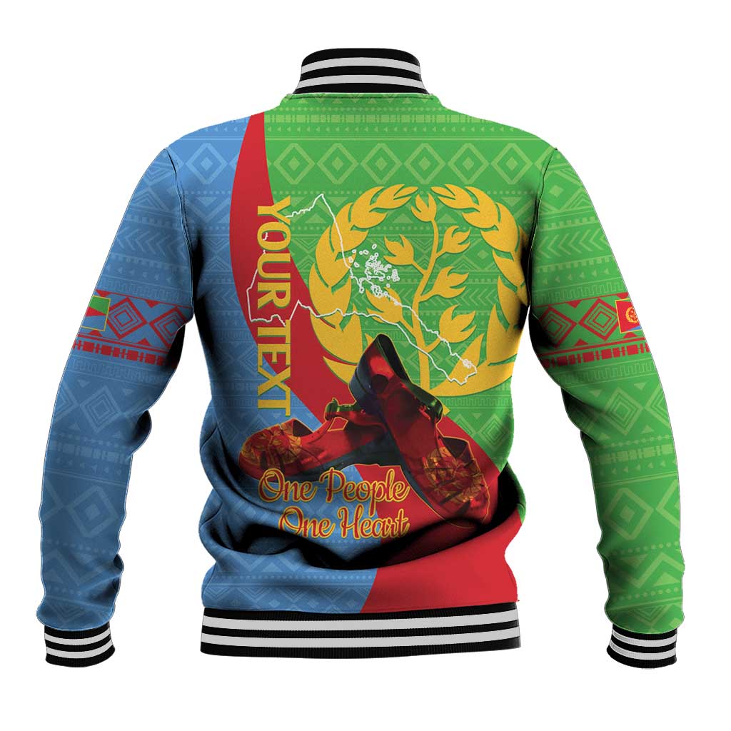 Multicolor baseball varsity jacket back view with ribbed cuffs and tree slogan graphic