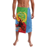 Personalized Eritrea-themed lavalava shorts with green blue and red graphic design, barefoot model