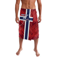 Red board shorts with Norway flag stripe panel and custom text, LT14
