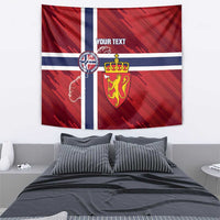 Red Norway flag football tapestry with crest and custom text, laid flat over bed