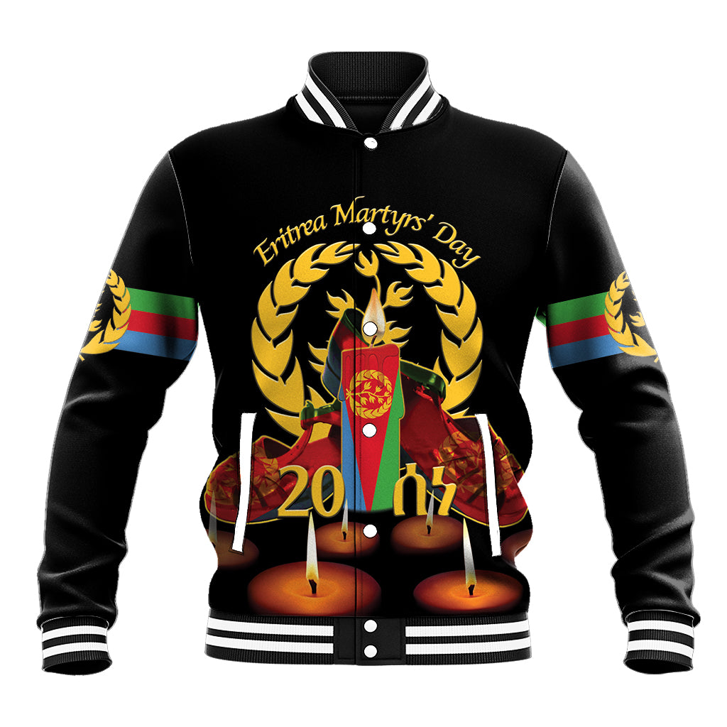 Black baseball jacket with striped collar and cuffs, front graphic with candles and crest
